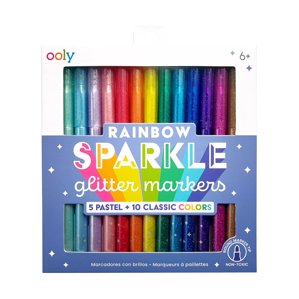 Ooly Rainbow Sparkle Glitter Markers, set of 15 in box packaging, front view.