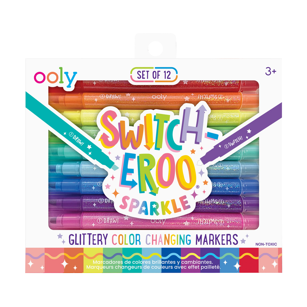 Ooly Switch-eroo Sparkle Glittery Color Changing Markers, set of 12 in box packaging, front view.