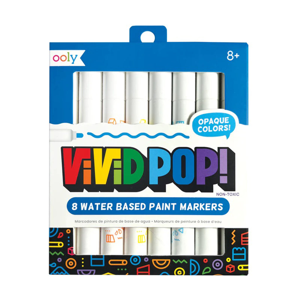 ooly vivid pop paint markers, set of 8 water based acrylic markers in rainbow colors, in box packaging front.