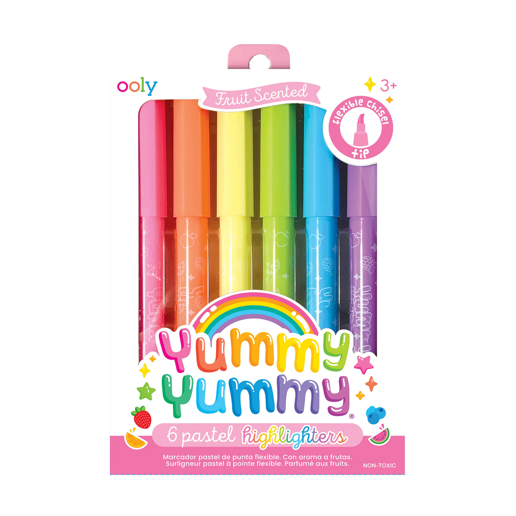 Ooly Yummy Yummy Fruit Scented Pastel Highlighters in box packaging, front view.