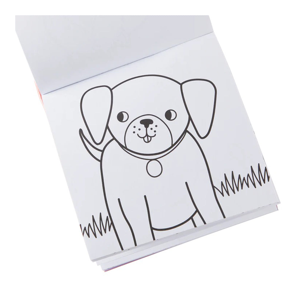ooly pet pals carry along coloring book with a sample page of a puppy.