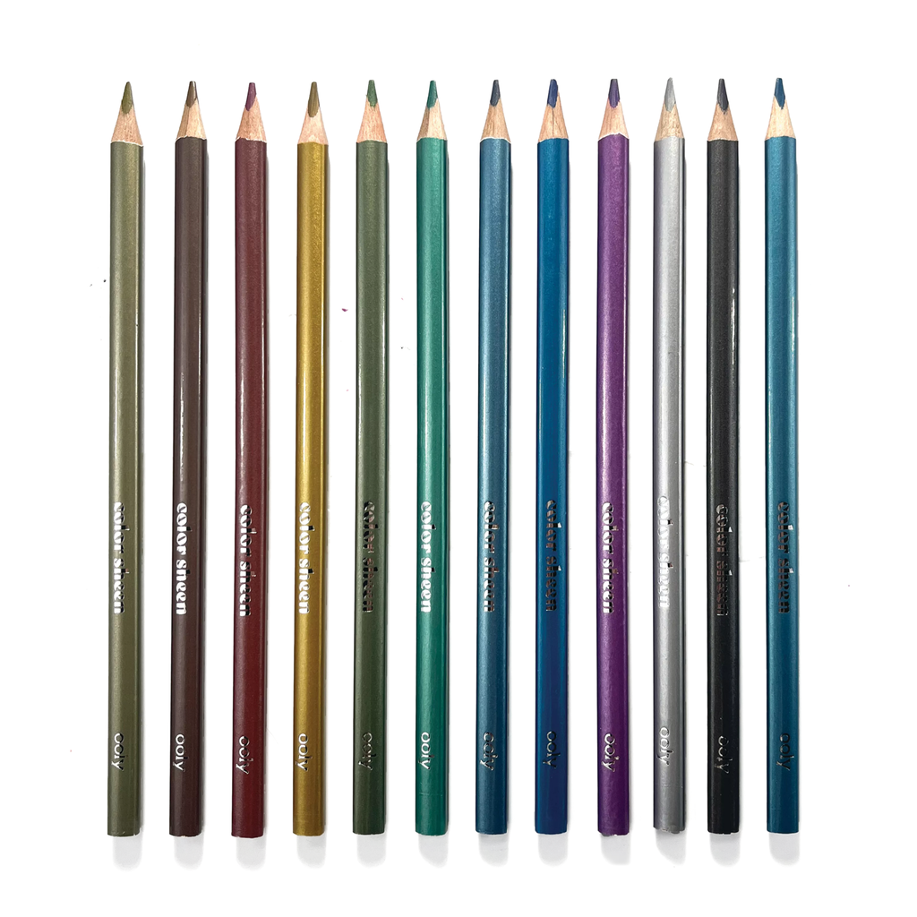 Ooly Color Sheen set of twelve metallic colored pencils with pre-sharpened tips.