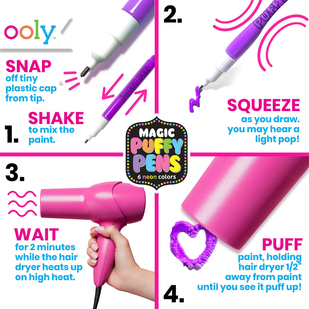 Ooly Magic Neon Puffy Pens, directions for use.