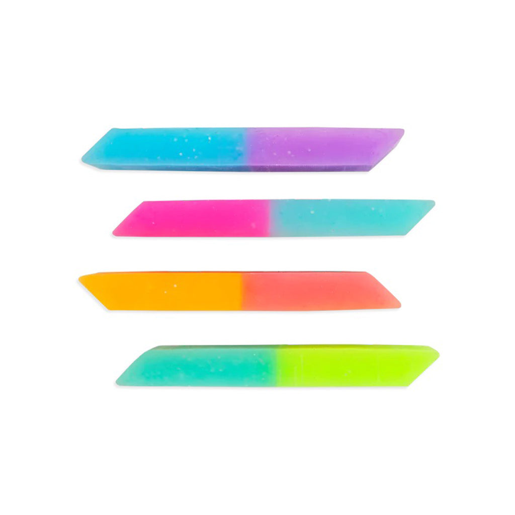 Ooly Oh My Glitter! Jumbo Pencil Erasers in 4 color combos with glitter, side view.