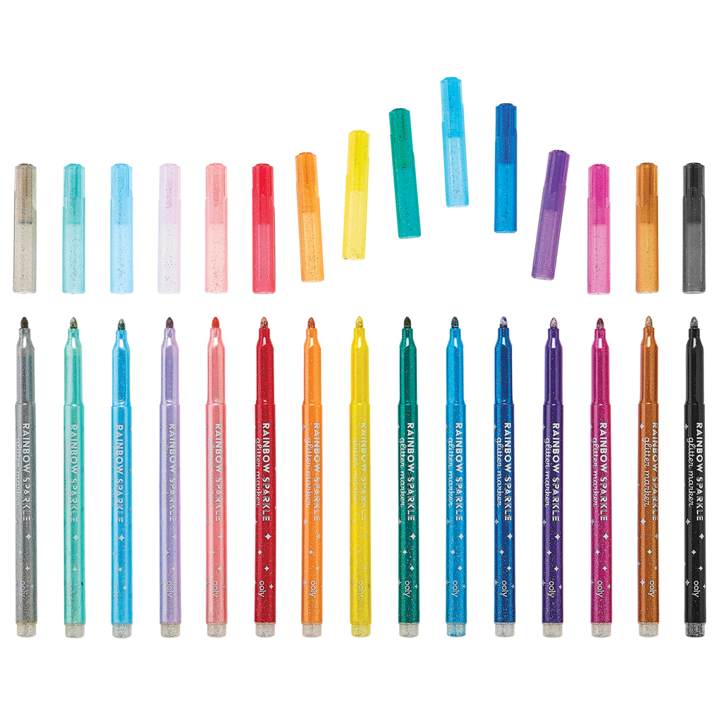 Ooly Rainbow Sparkle Glitter Markers, set of 15 shown with caps off.