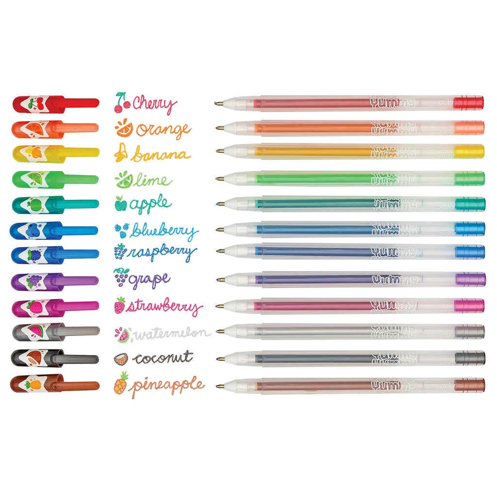 Ooly Yummy Yummy Fruit Scented Glitter Gel Pens with caps off with their fruit scent written in pen ink color.
