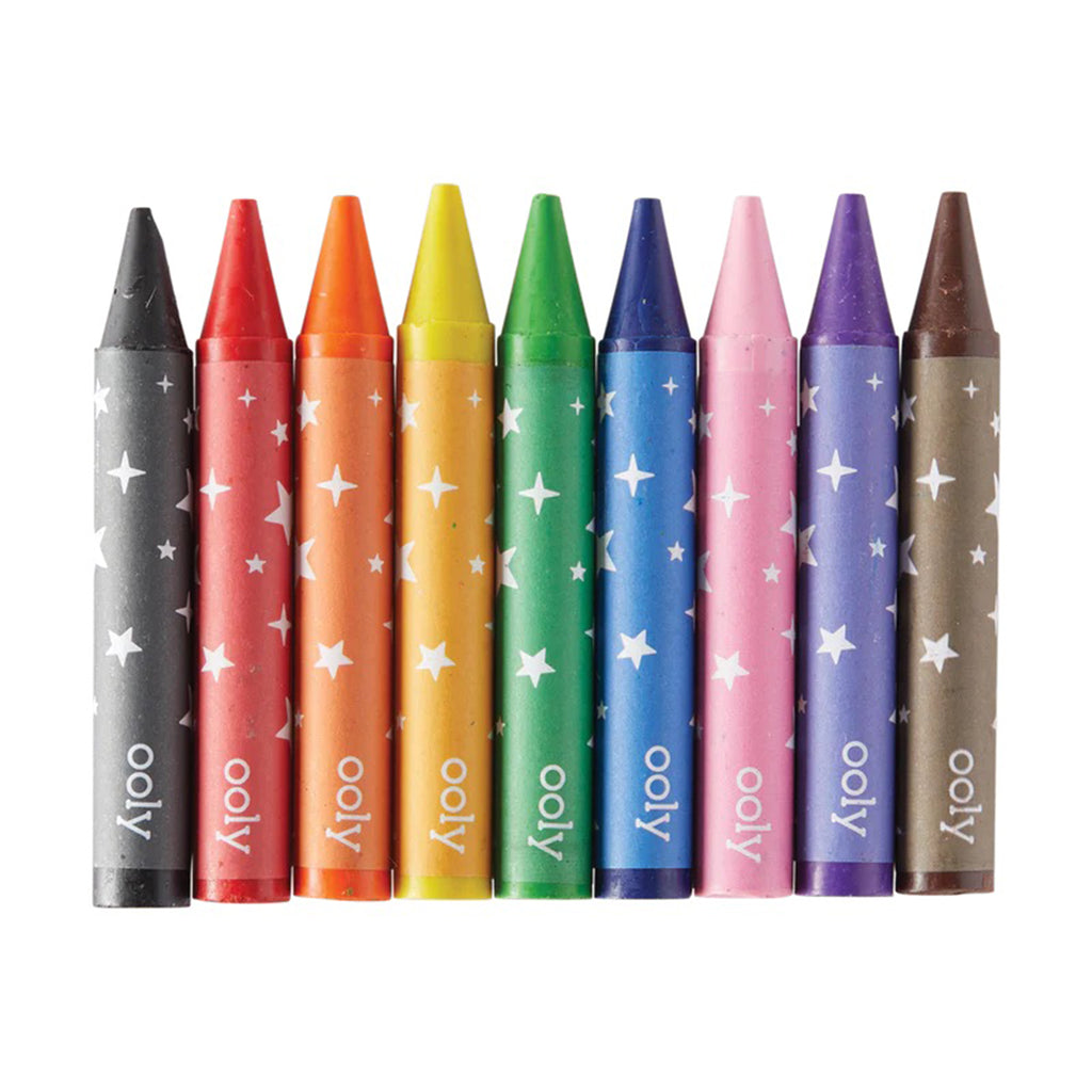 ooly pet pals carry along coloring book set, 9 jumbo crayon colors shown.