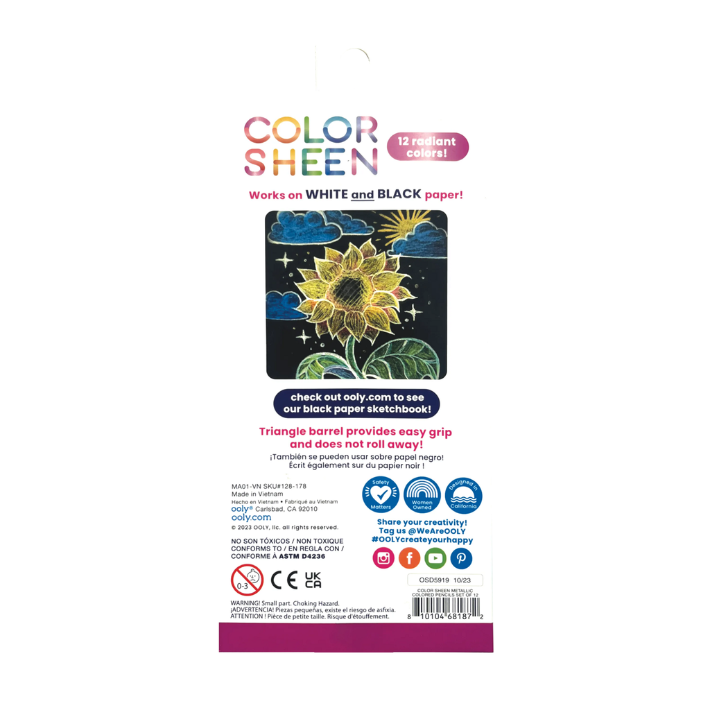 Ooly Color Sheen set of twelve metallic colored pencils in box packaging, back view.