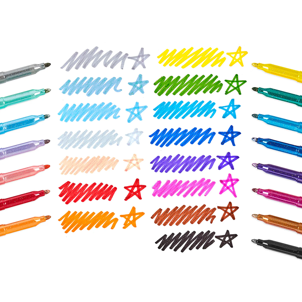 Ooly Rainbow Sparkle Glitter Markers, set of 15, shown with caps off and doodles to show pen ink color.