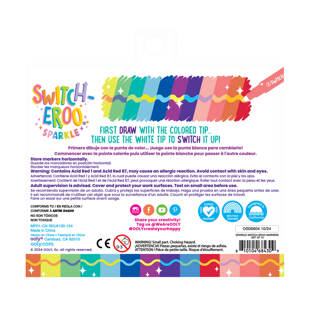 Ooly Switch-eroo Sparkle Glittery Color Changing Markers, set of 12 in box packaging, back view.