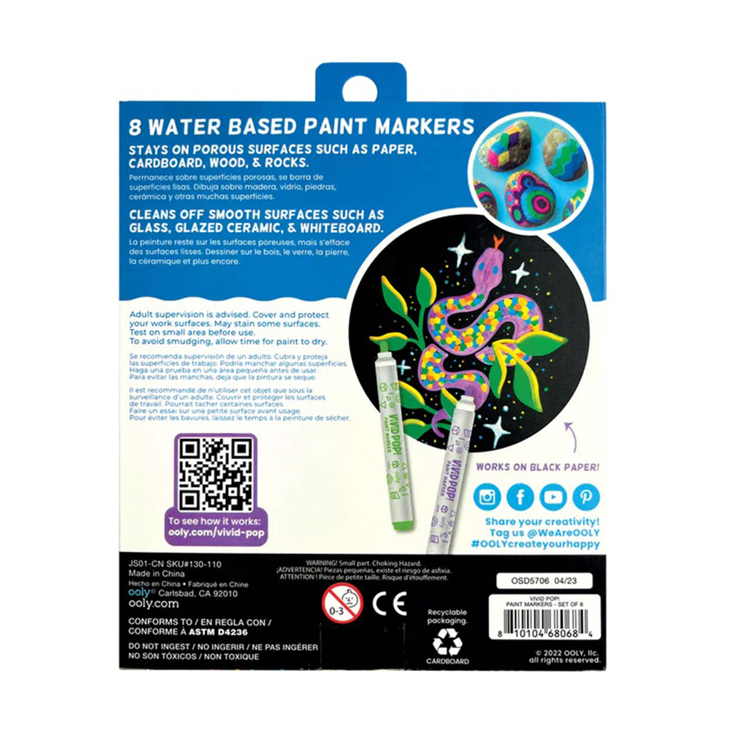 ooly vivid pop paint markers, set of 8 water based acrylic markers in rainbow colors, in box packaging back view.
