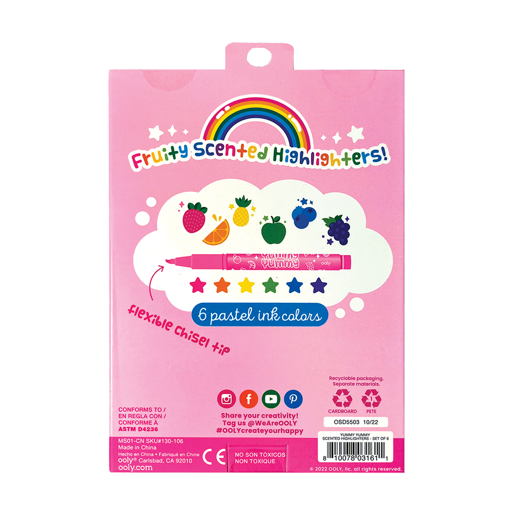 Ooly Yummy Yummy Fruit Scented Pastel Highlighters in box packaging, back view.