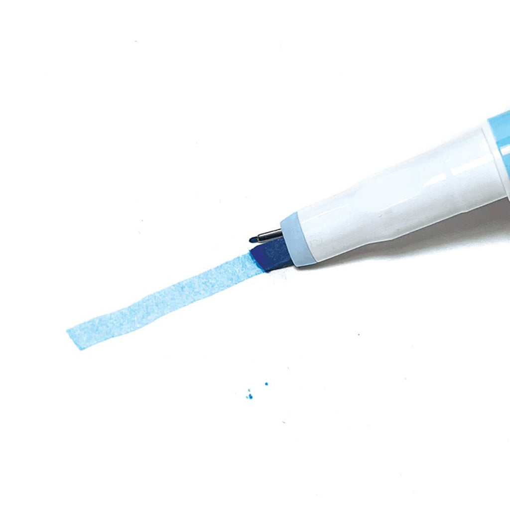 ooly noted 2 in 1 micro fine tip pen and highlighter in blue, cap off with highlighter line swatch.