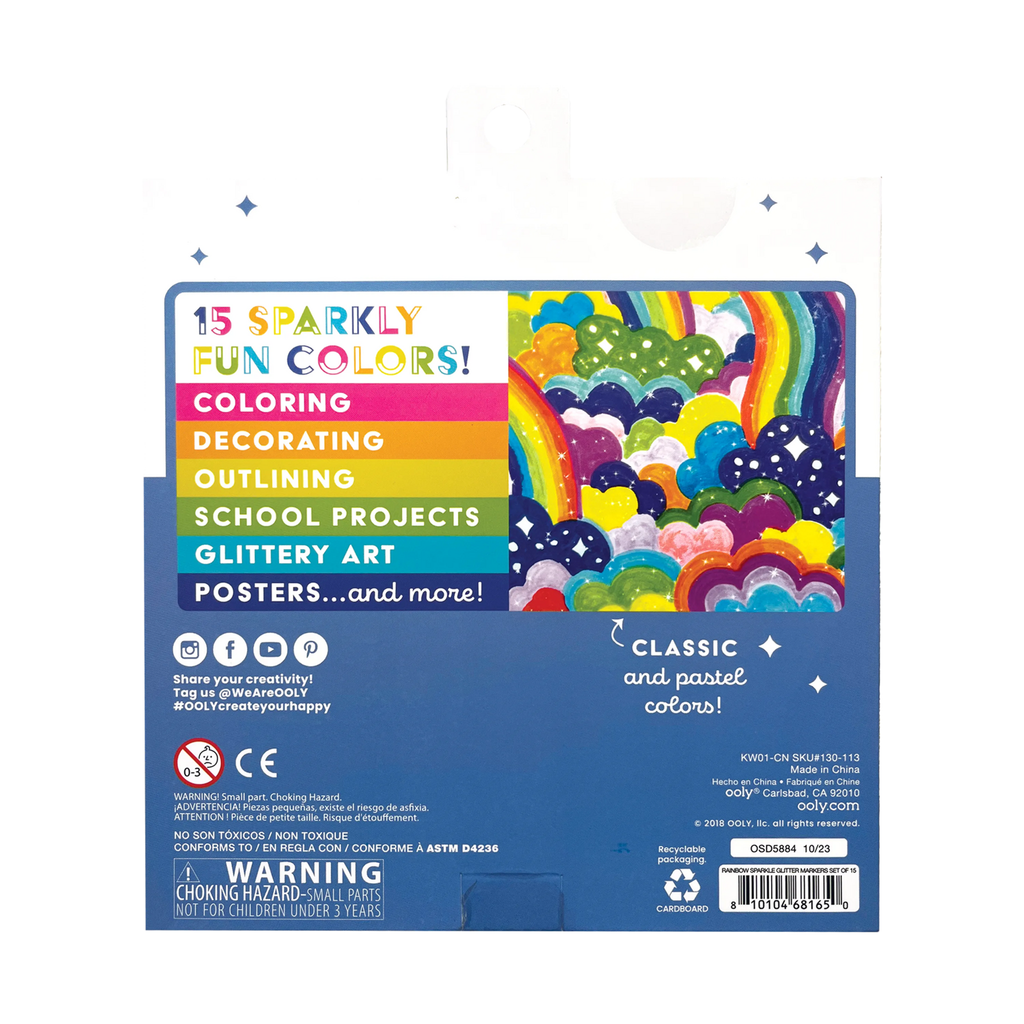 Ooly Rainbow Sparkle Glitter Markers, set of 15 in box packaging, back view.