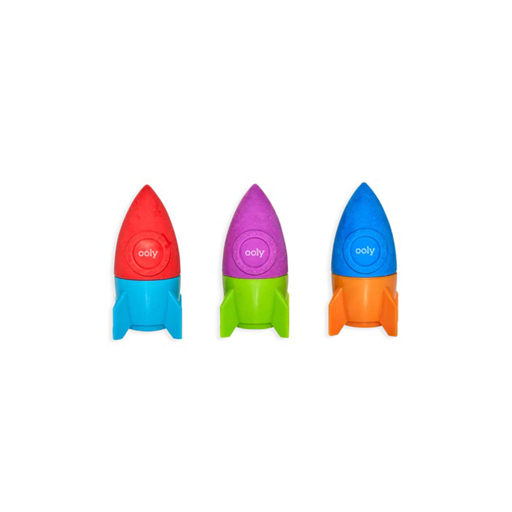 Ooly Blast Off rocket shaped pencil eraser and sharpener in 3 color combinations.