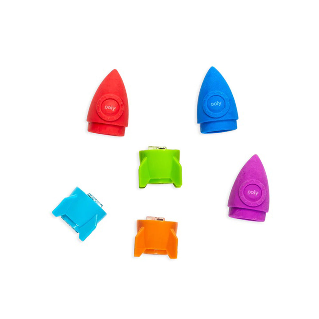 Ooly Blast Off rocket shaped pencil eraser and sharpener in 3 color combinations, eraser is separated from sharpener, side views.