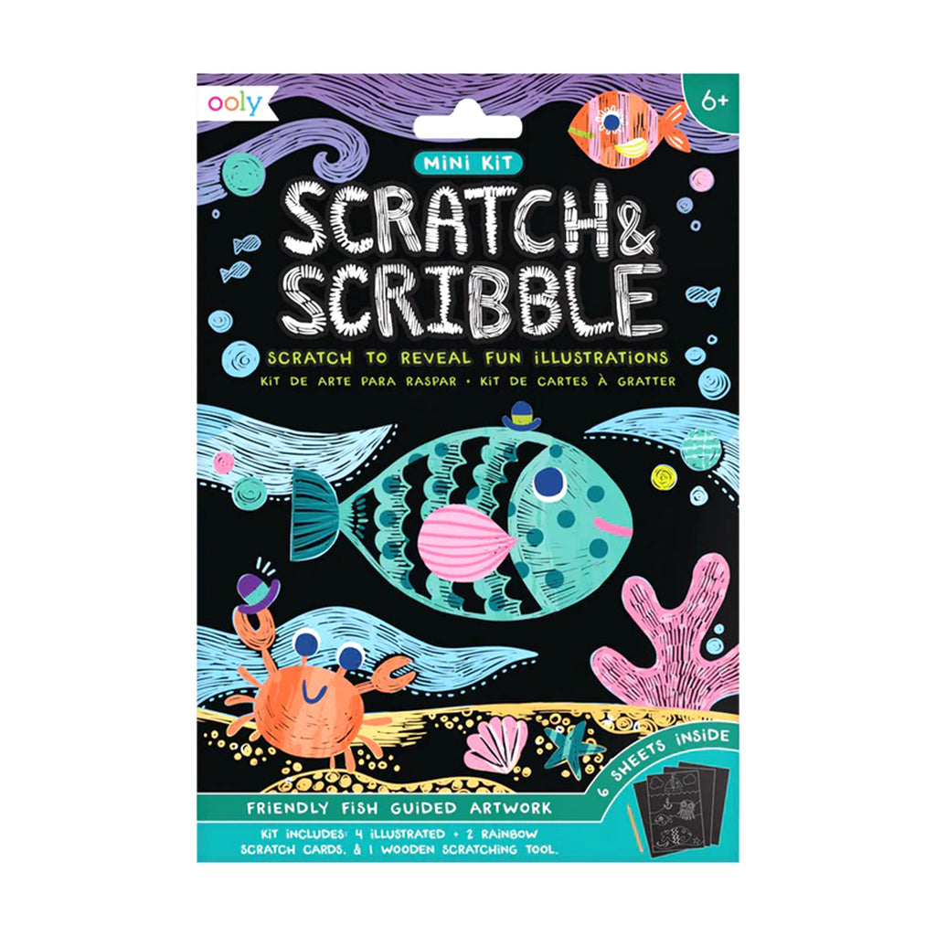 Ooly Friendly Fish Kids Scratch & Scribble mini kit, packaging front view.