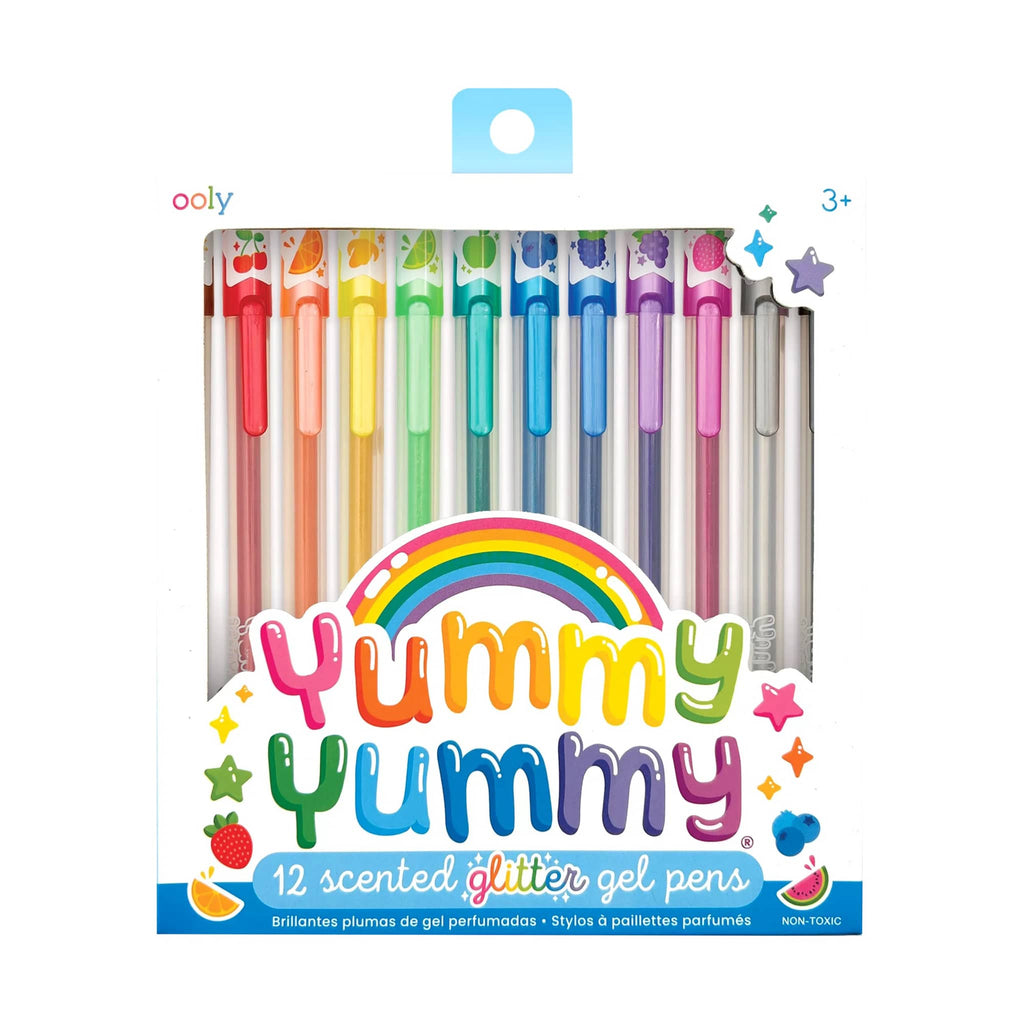 Ooly Yummy Yummy Fruit Scented Glitter Gel Pens in box packaging, front view.