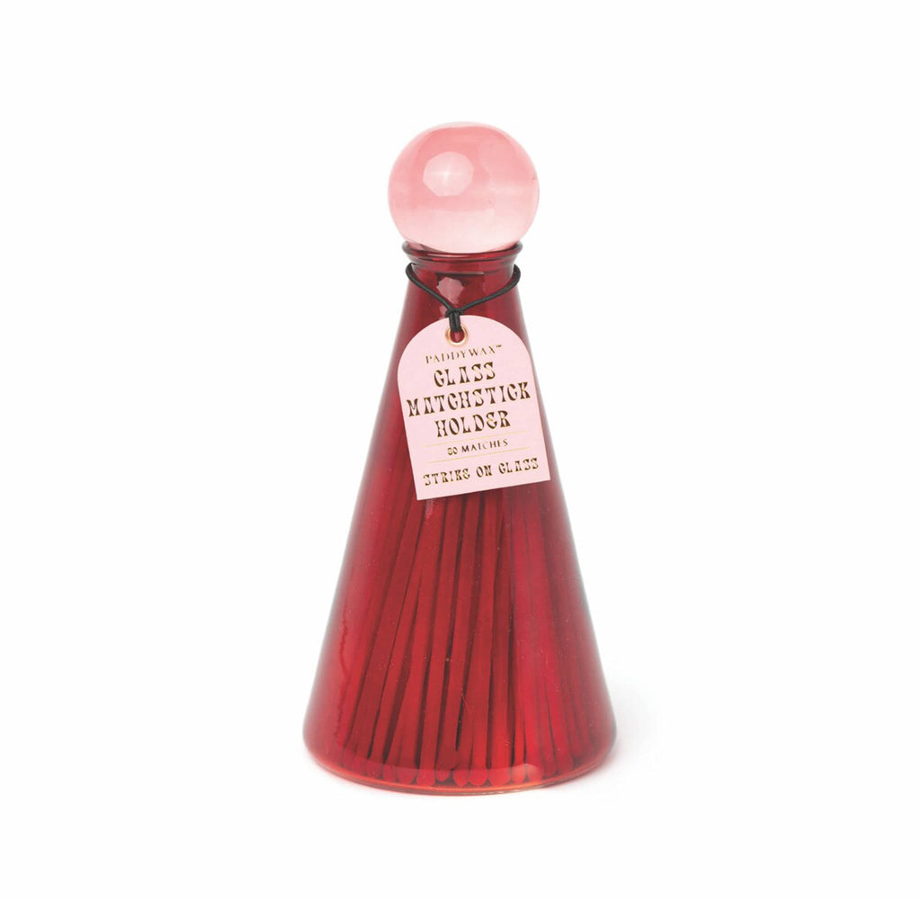 Paddywax red glass match holder with pink ball lid and 80 wood safety matches.