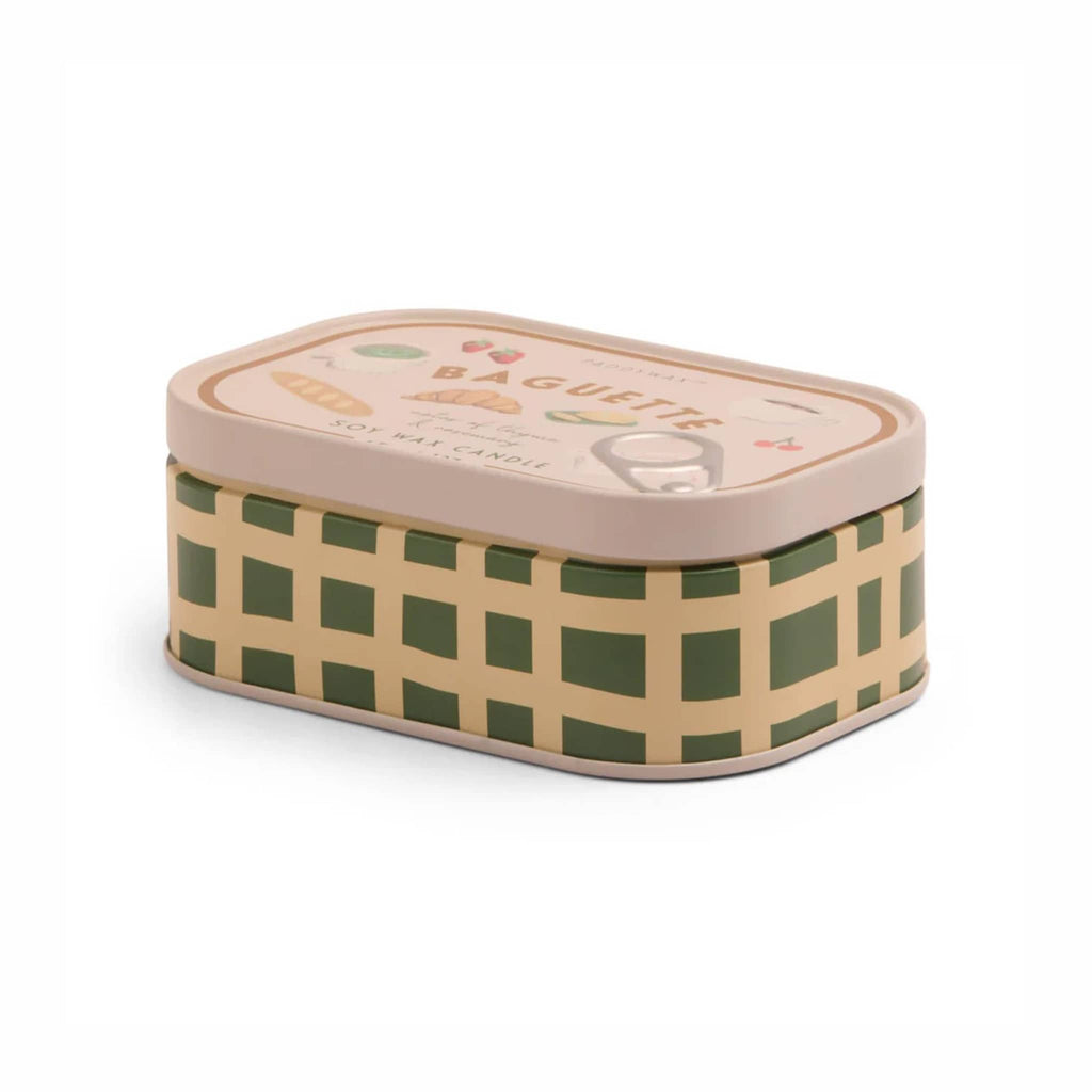 Rectangular tin with checkered pattern and 'Baguette' text on a white background.