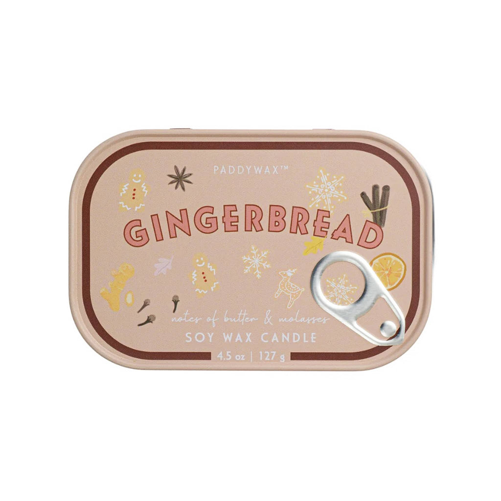 Gingerbread scented candle in a tin with decorative elements on a white background.