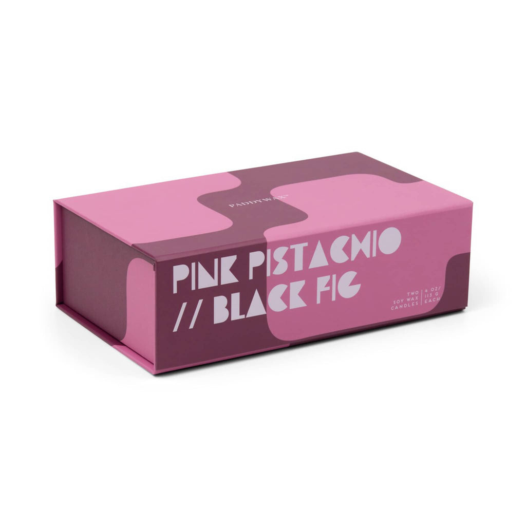 Box packaging for Pink Pistachio and Black Fig candle set.
