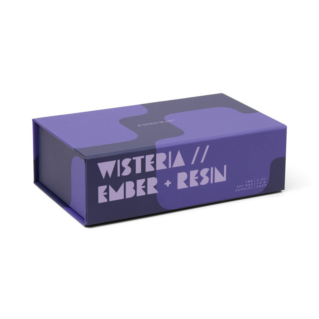 Purple packaging box with 'Wisteria and Ember + Resin' text on a white background.
