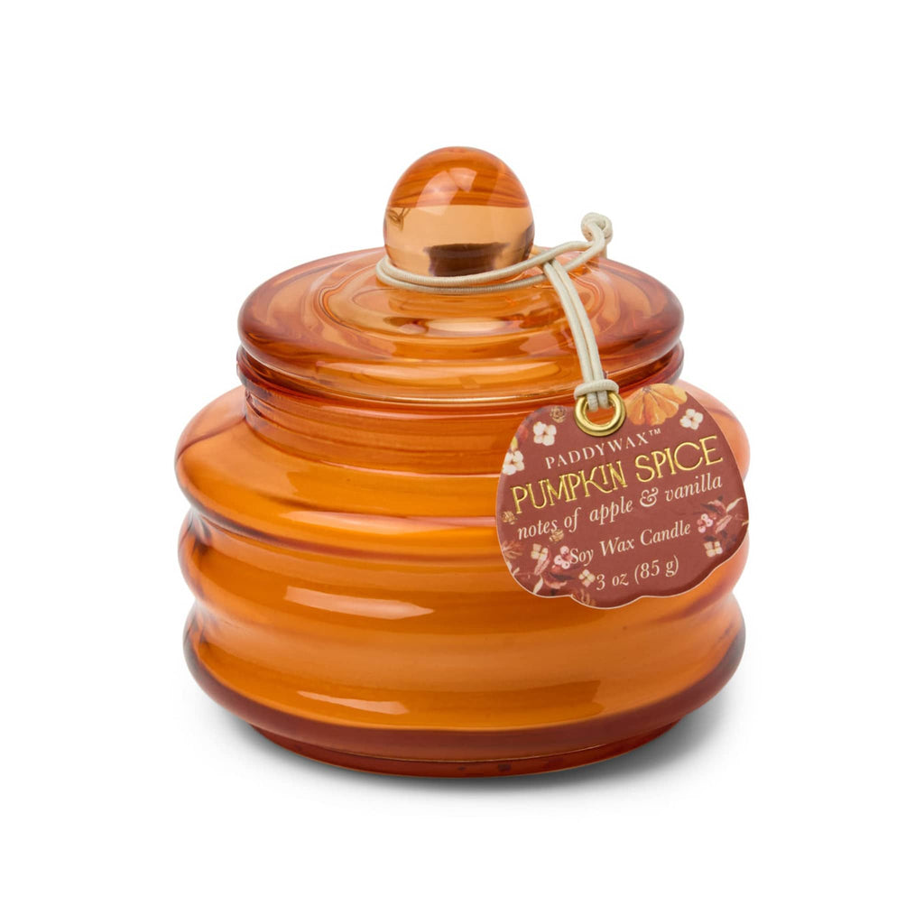Paddywax Beam Pumpkin Spice scented candle in orange glass vessel with lid and tag, on a white background.