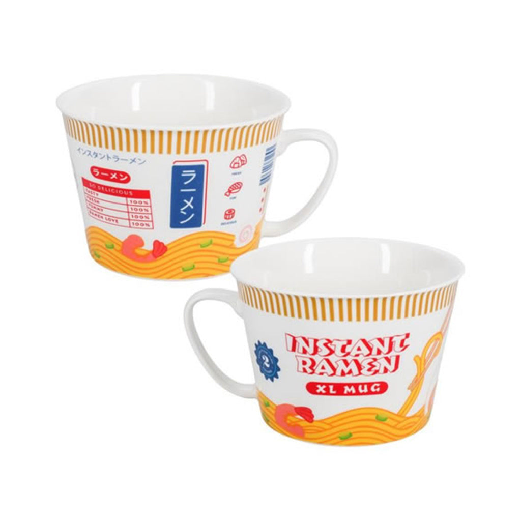 Paladone Giant Ramen Mug, soup mug that holds 34 ounces and looks like instant ramen packaging on white ceramic background, front and back of mug are shown.