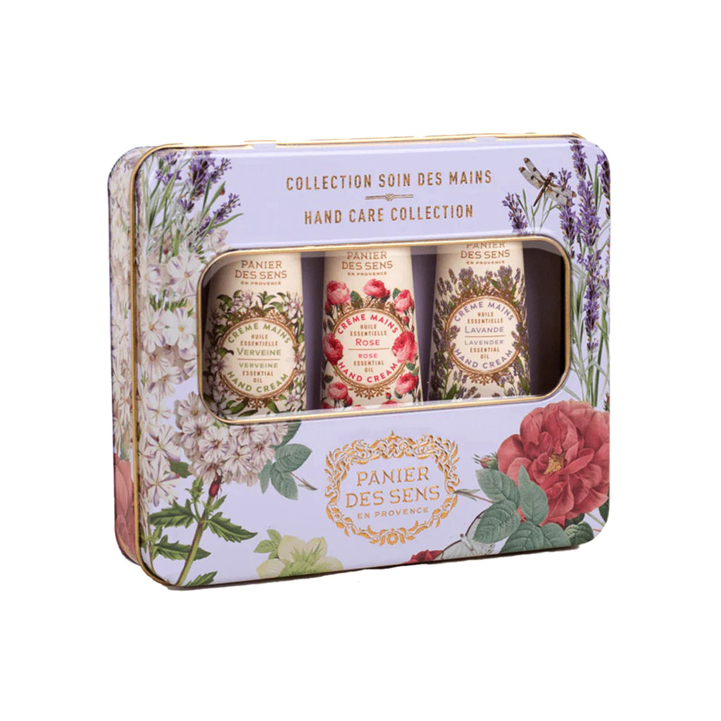 Panier Des Sens Hand Care Collection with Verbena, Rose and Lavender scented mini hand creams in a purple floral tin.