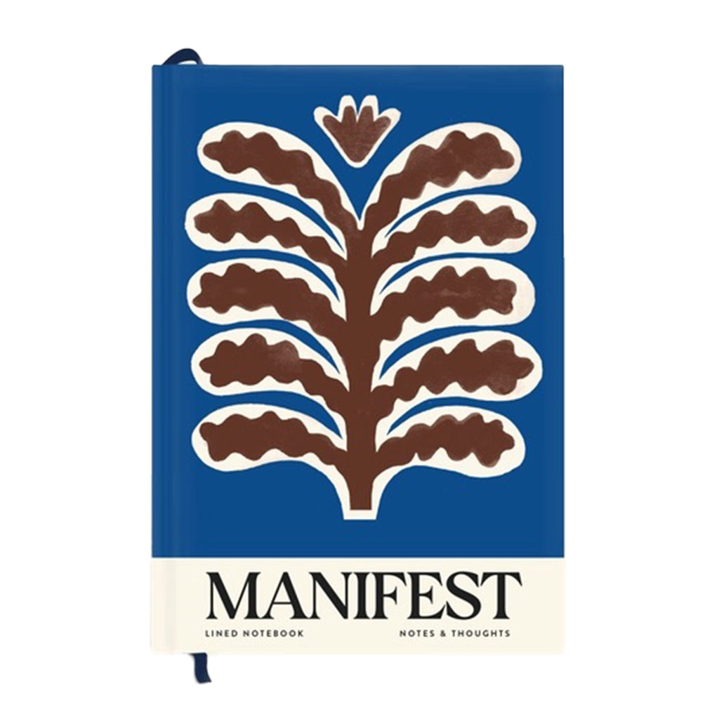 Papier Abstract Plant hardcover notebook, front cover with a brown plant outlined in cream on a blue backdrop and "Manifest, lined notebook, notes & thoughts" in black lettering on cream at the bottom.
