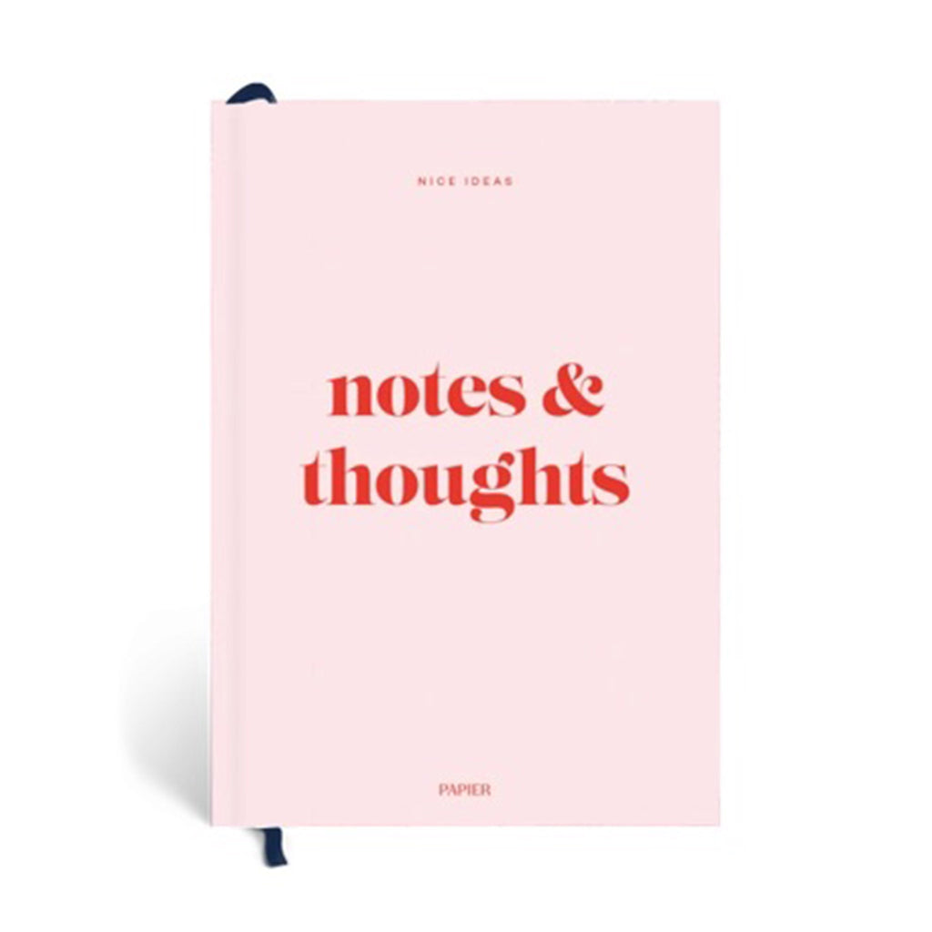 Papier Hardcover Joy Ruled Notebook with "notes & thoughts" in red lettering on a pink background, front cover.