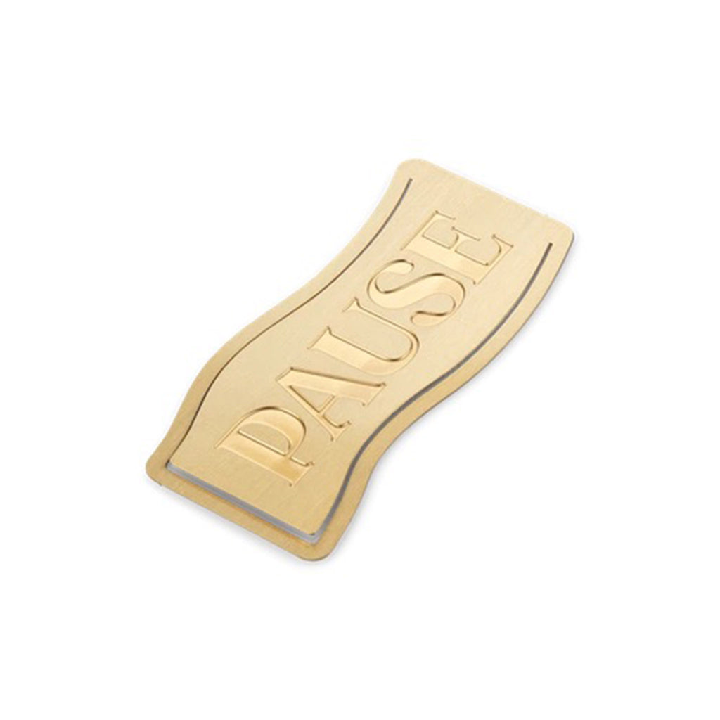 Papier shiny brass metal bookmark with "pause" engraved on the front.
