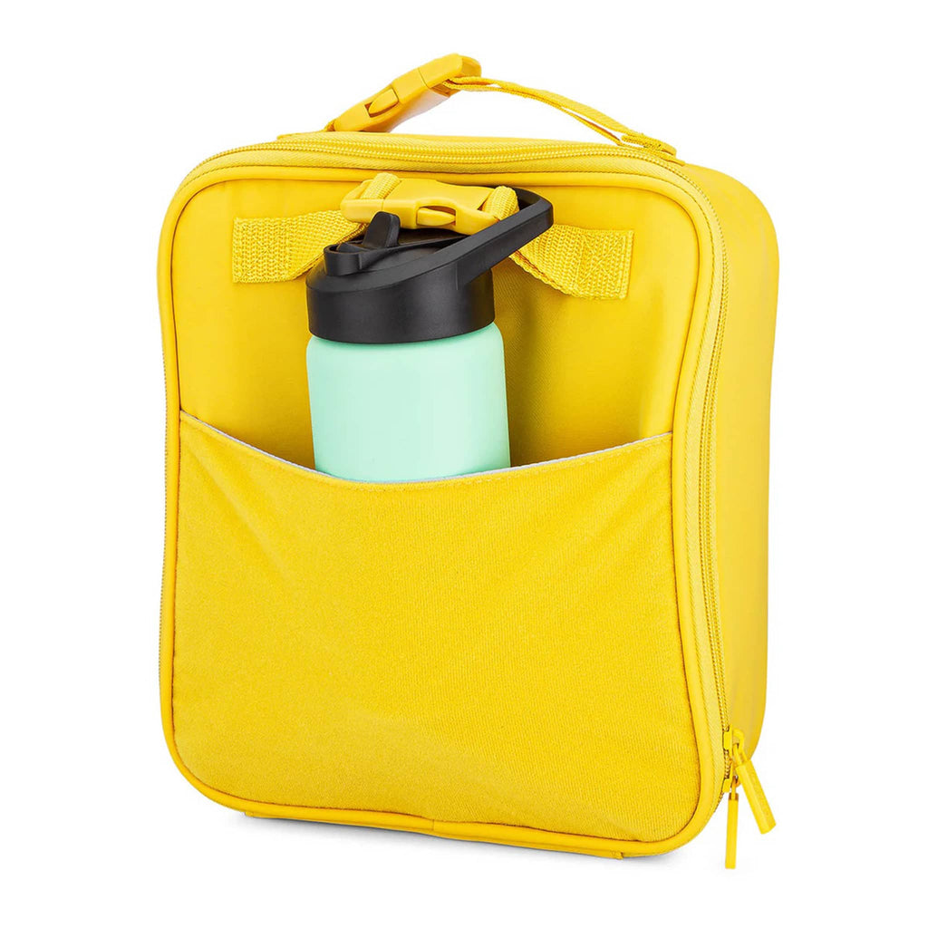 Yellow insulated lunch bag with a green water bottle inside the front pocket, on a white background.
