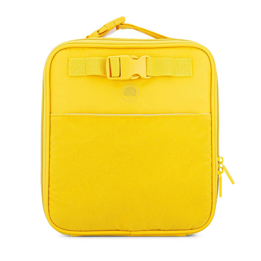 Yellow rectangular soft-sided lunch box with buckle, front view on a white background.