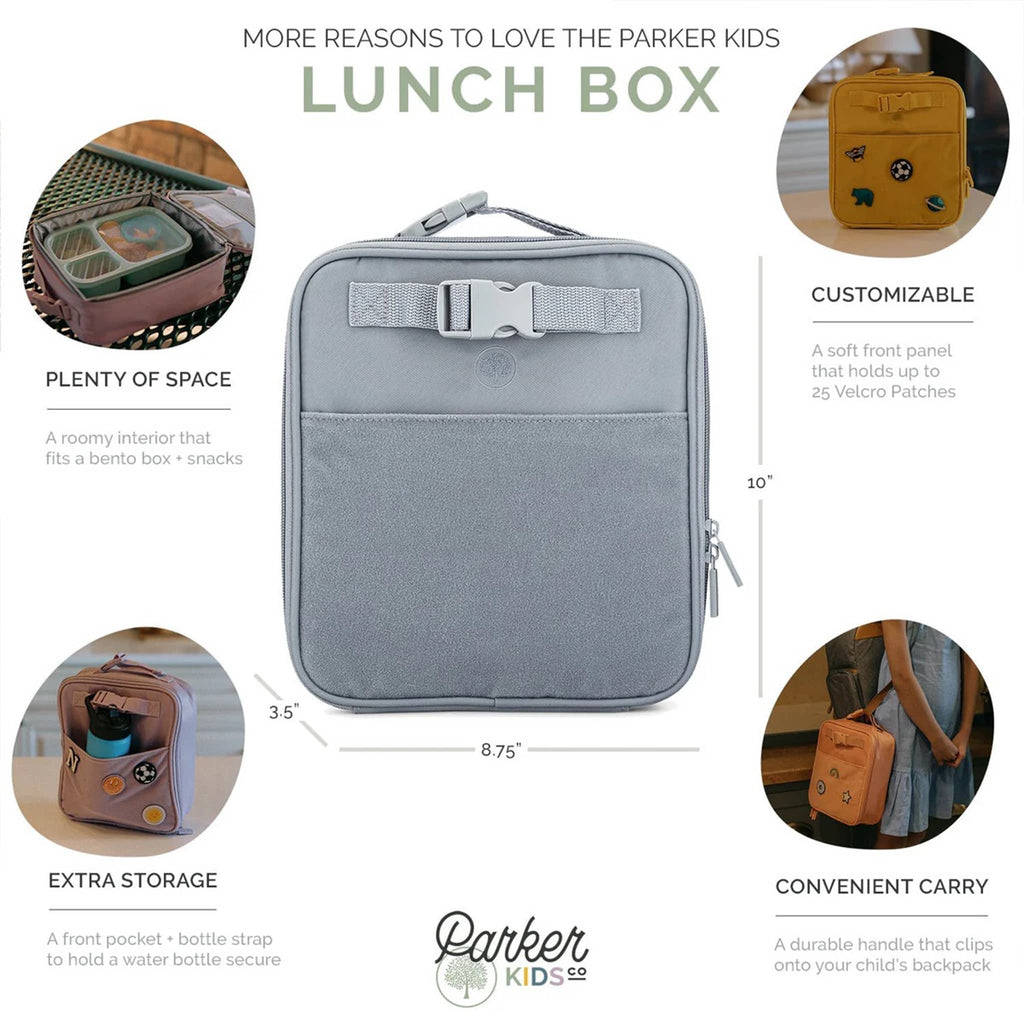 Parker Kids lunch box with features and dimensions on a white background.