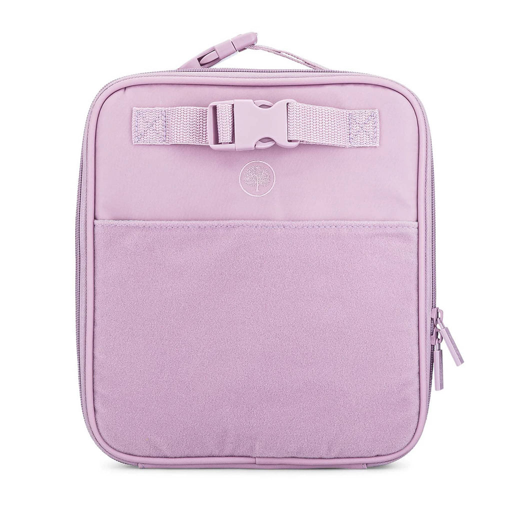 Lilac rectangular soft-sided lunch box with buckle, front view on a white background.