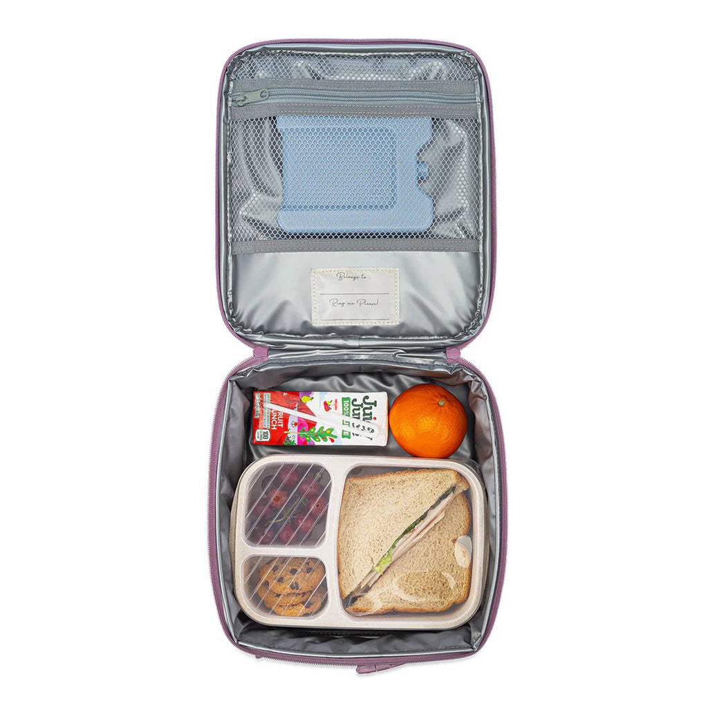 Open lunch bag with compartments containing a sandwich, fruit, and a drink on a white background.