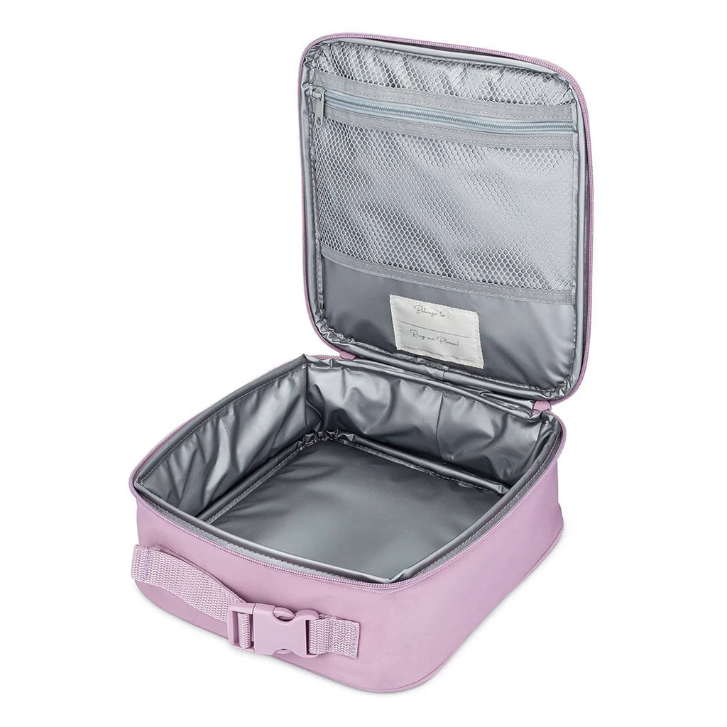 Lilac rectangular soft-sided lunch box, open showing the insulated interior lining and zip mesh pocket under lid, on a white background.
