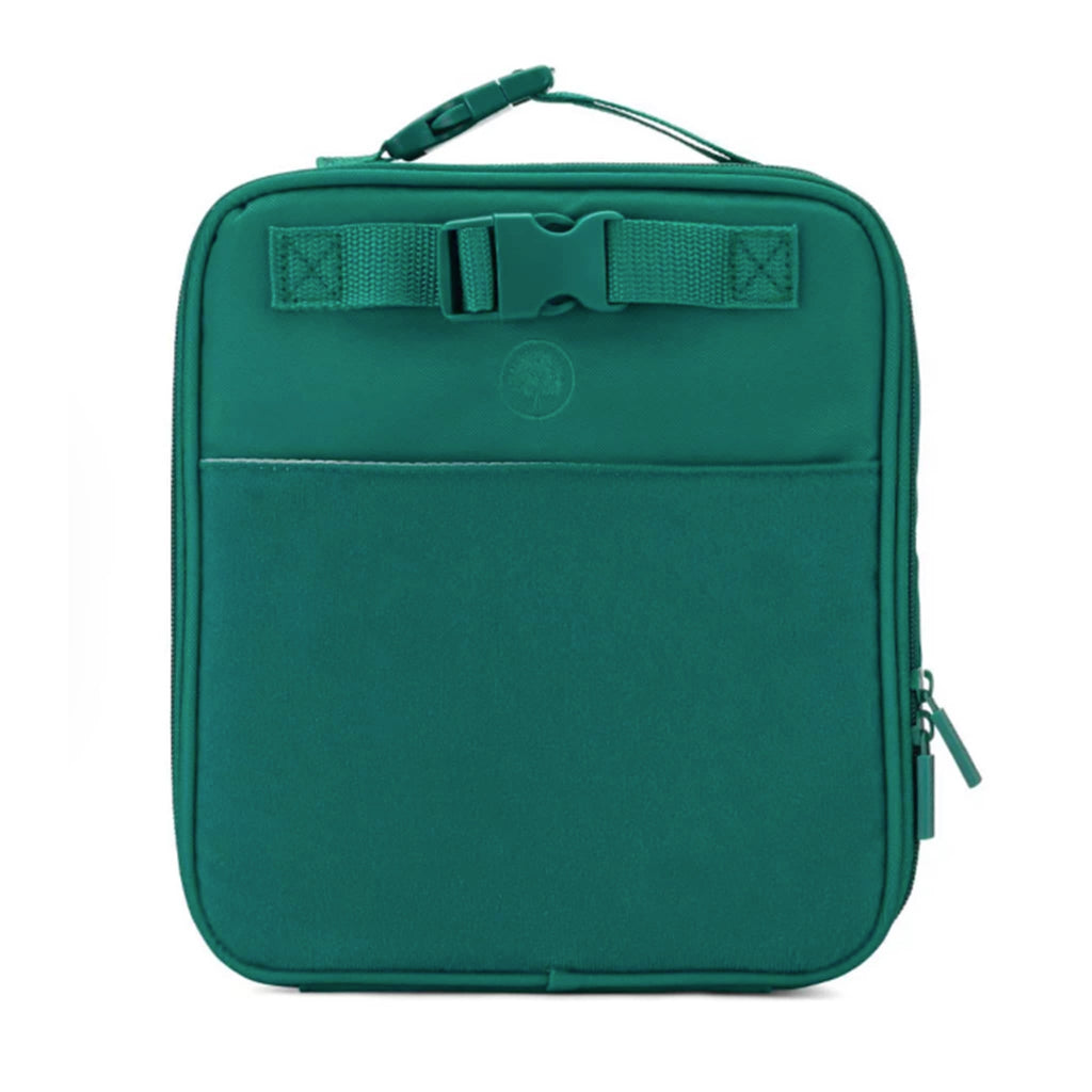 Green rectangular soft-sided lunch box with buckle, front view on a white background.