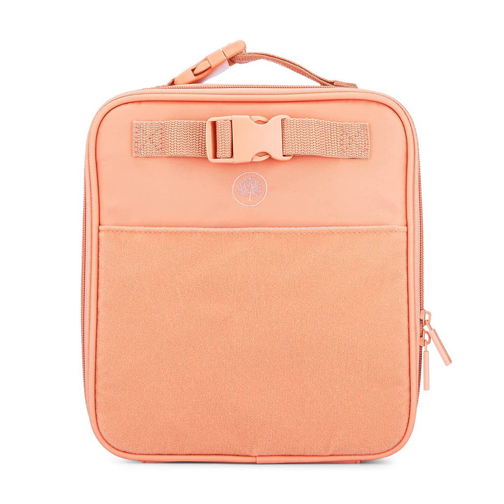 Orange rectangular soft-sided lunch box with buckle, front view on a white background.