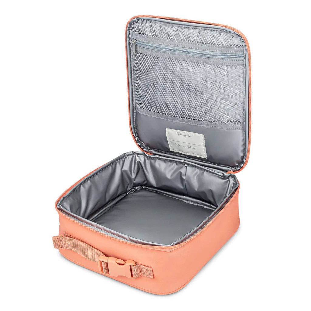 Open orange lunch box with insulated lined interior and mesh zip pocket, on a white background.