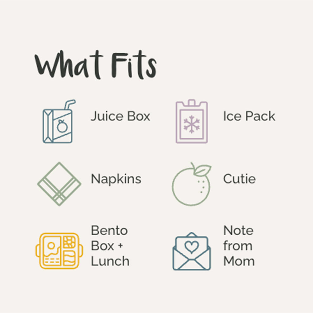 Icons and text listing items that fit into a parker lunch box, including juice box, ice pack, napkins, cutie, bento box, and note from mom.