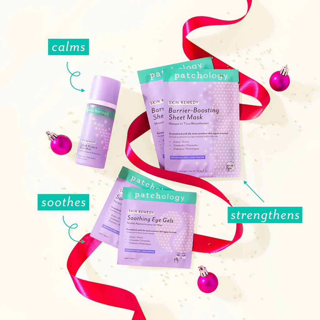Patchology skincare products with decorative ribbons and Christmas ornaments on a light background.
