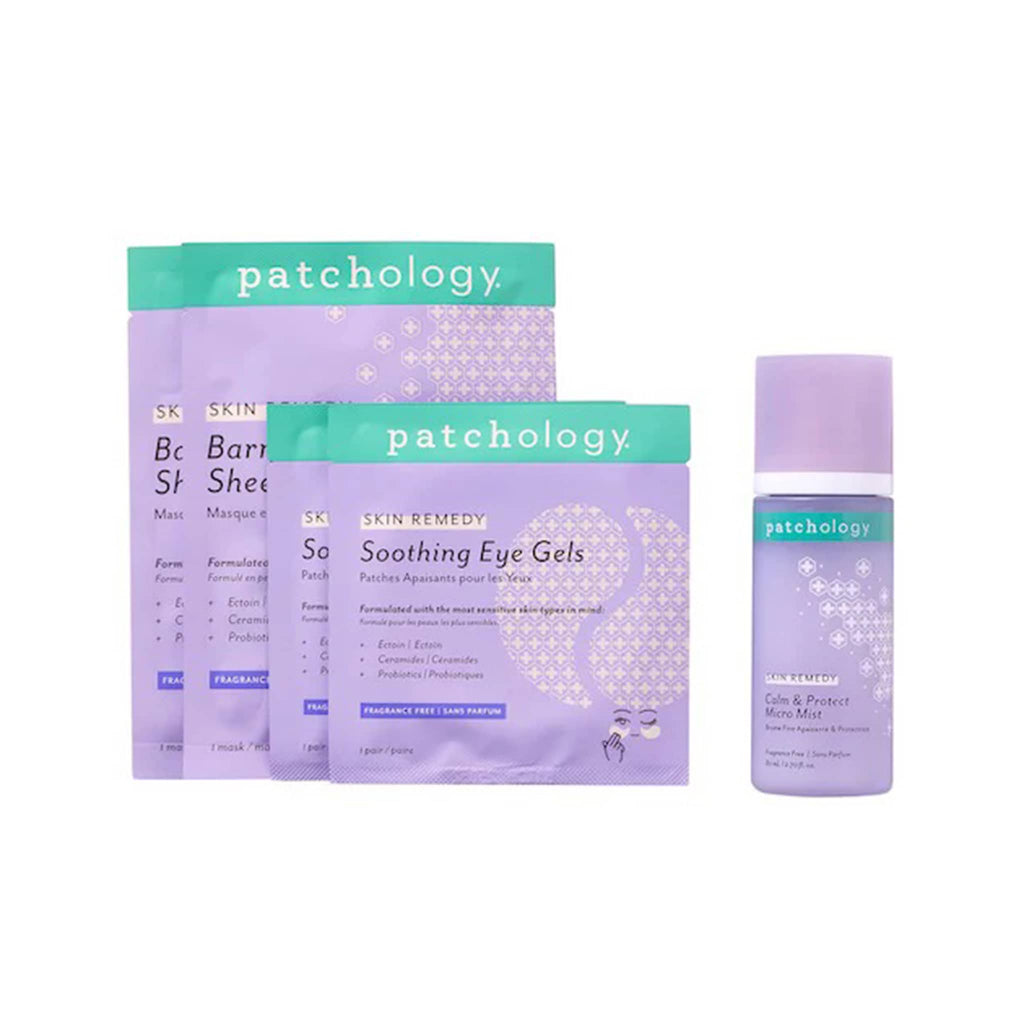 Patchology skincare products including eye gels, sheet masks and face mist, on a white background.