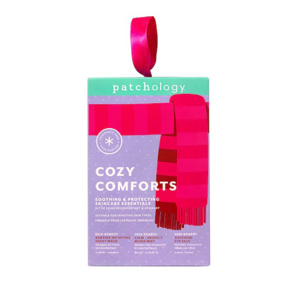 Patchology Cozy Comforts purple product packaging with a red scarf on a white background.