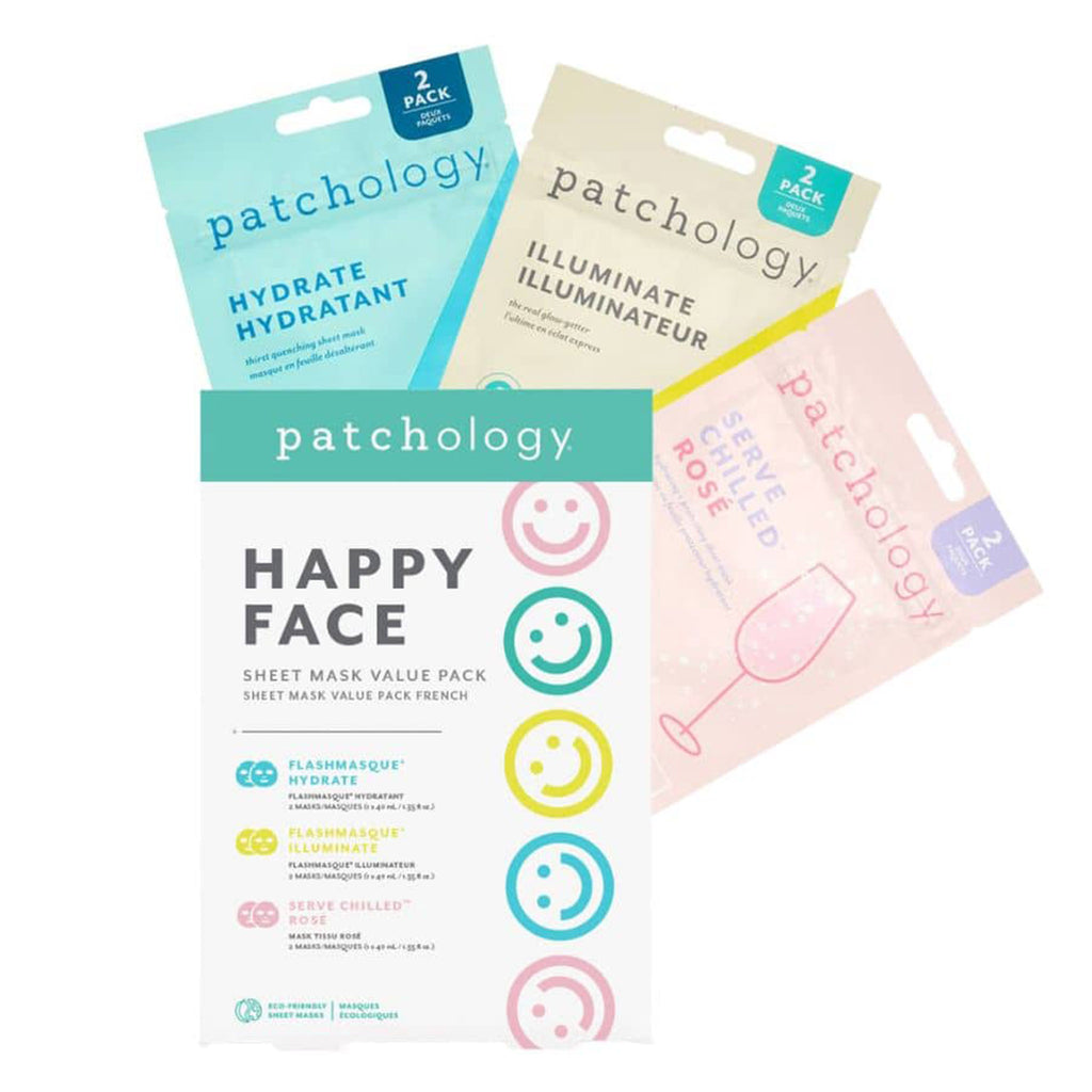 Patchology Happy Face Sheet Mask Value Pack box packaging with contents fanned out behind it.