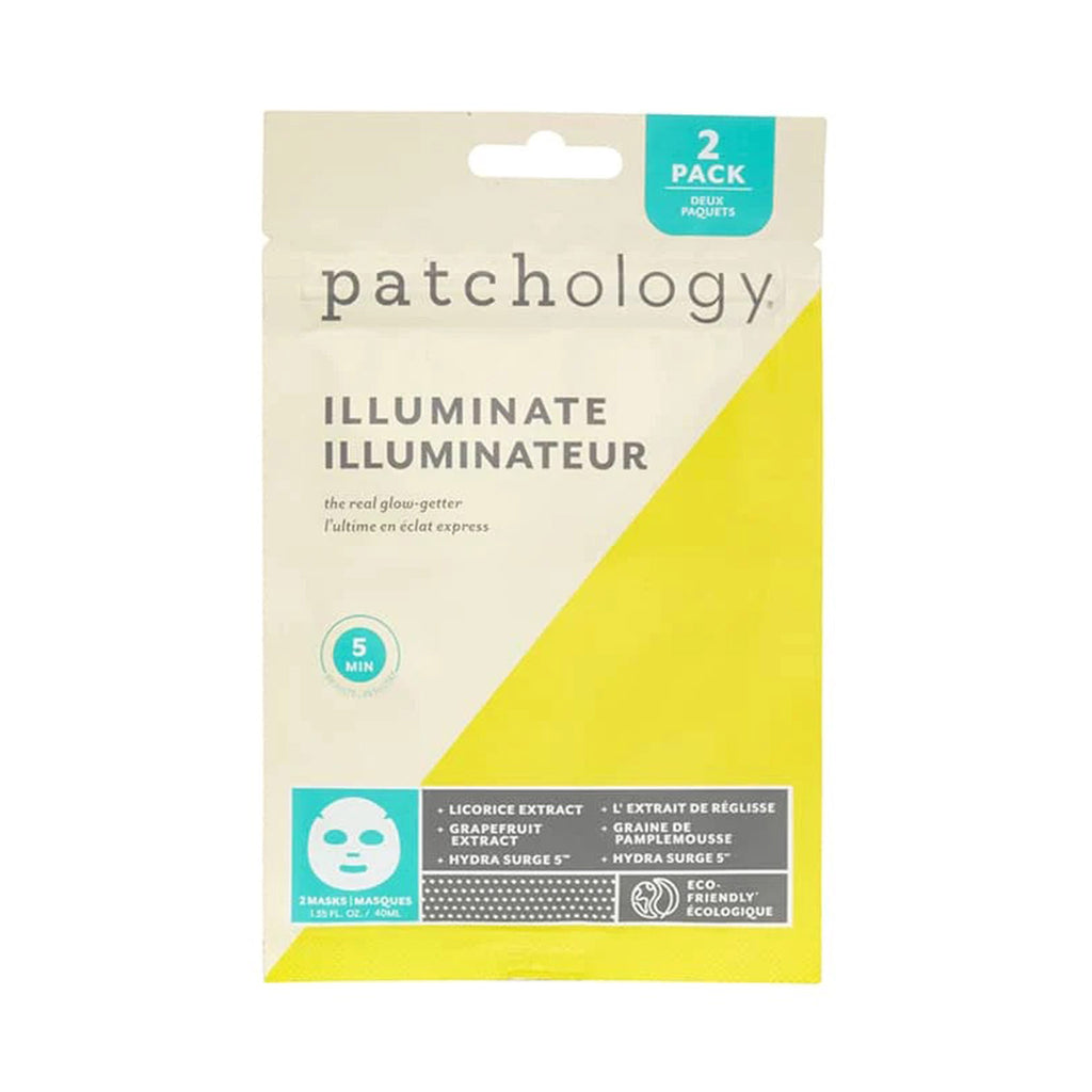 Patchology Happy Face Sheet Mask Value Pack, Illuminate Sheet Mask in pouch packaging.