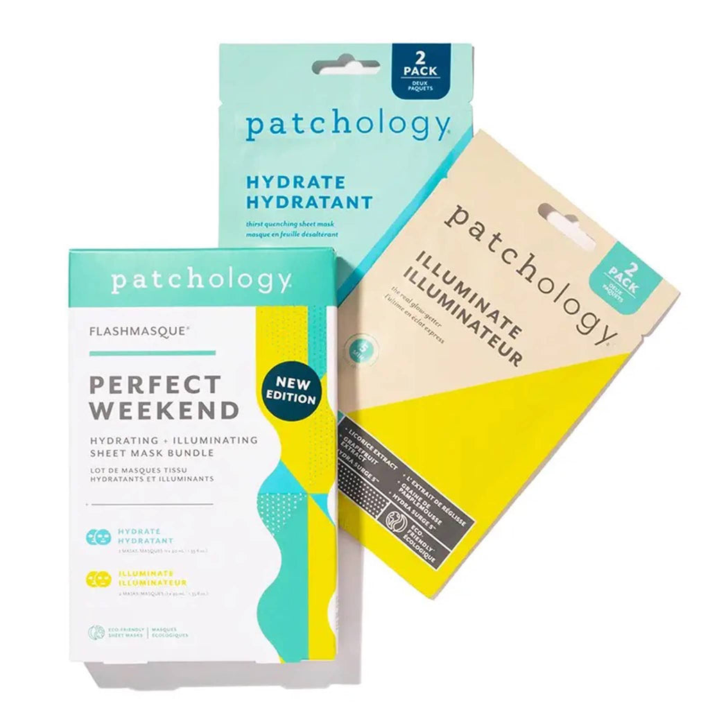 Patchology Perfect Weekend Flashmasque hydrating and illuminating sheet mask bundle, contents with box packaging.