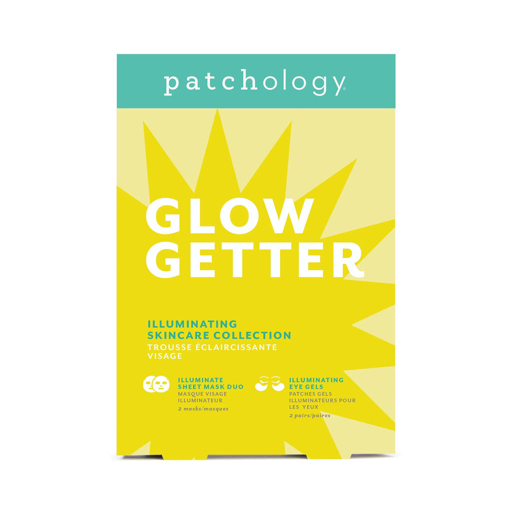 Patchology Glow Getter Illuminating Skincare Collection in yellow box with sun graphic, front view.